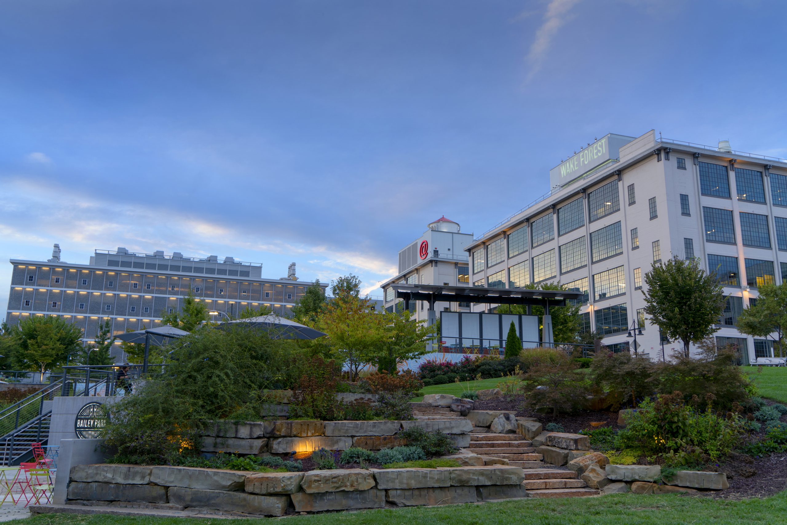 Evening in Bailey Park at Innovation Quarter, Medical Education Building and 525 Vine, Biotech Place