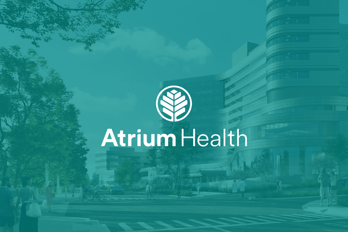 Atrium Health logo over rendering of new CMC bed tower in Charlotte, NC
